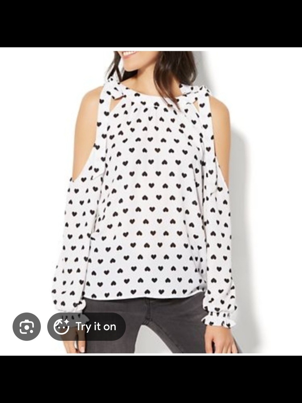 New York & Company White Cold-Shoulder Long Sleeve Top with Black Heart Print. M